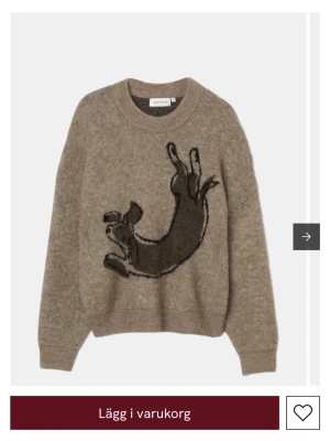 Brun stickad tröja med taxmotiv - Stickad tröja i mjuk brun nyans från Carin Wester med ett stort, svart taxmotiv på framsidan. Tröjan har rund halsringning, långa ärmar och ribbstickade muddar vid ärmslut och nederkant. Perfekt för dig som gillar unika och lekfulla plagg.