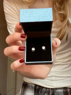 Silvriga örhängen med kristaller - Säljer ett par stilrena silvriga örhängen. Studs med runda kristaller. De är ganska små och diskreta. Tror ej de är i sterlingsilver eller äkta silver, därav priset. Men har aldrig fått problem eller utslag med dem.