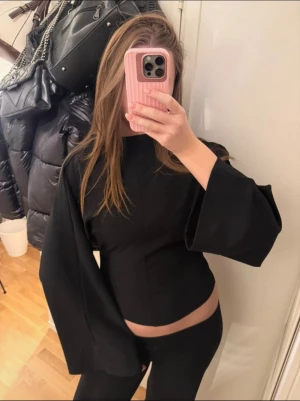 Svart topp med vida ärmar - Säljer en svart topp med hög hals och riktigt vida ärmar. Toppen är figurnära i midjan och har en stilren, minimalistisk look. Perfekt för dig som gillar en edgy och modern stil.