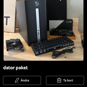HP stationär dator paket - Komplett HP stationär dator med tangentbord, mus och extra hårddisk. Datorn har modern design och ser ut att vara i gott skick utan synligt slitage. Perfekt för både arbete och gaming. Alla tillbehör och kablar medföljer.