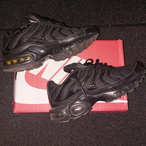 Nike Air Max Plus Tn Svart EUR 41 - Säljer ett par svarta Nike Air Max Plus Tn med mesh och syntetpaneler, ikoniska vågformade detaljer och synlig Air Max-dämpning i sulan. Skorna har snörning, rund tå och Tn-logga bak. Perfekta för dig som gillar streetwear och vill sticka ut.