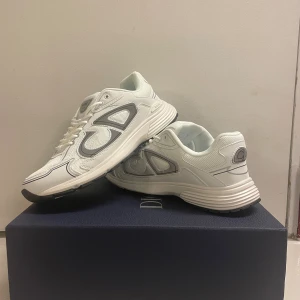 Vita Dior sneakers med grå detaljer - Snygga vita Dior sneakers med grå detaljer och tydligt Dior-logo på sidorna och sulan. Skorna har rund tå, platt sula och snörning. Materialet är en mix av skinn och syntet med meshpaneler för extra komfort. Kommer i originalkartong med Dior-tryck.