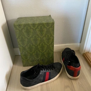 Gucci ace - Säljer ett par svarta Gucci sneakers med klassiska röda och blå ränder på sidan. Baksidan har en cool kontrast med röd och lila ormskinnsdetalj och silverfärgad Gucci-logga. Skorna har snörning och platt sula, och är tillverkade i skinn med mönstrad yta. Kan gå ner i pris också vid snabb affär 43 passar 44 bra