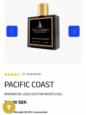 Alexandria Pacific Coast parfym - Exklusiv parfym från Alexandria Fragrances, inspirerad av Louis Vuitton Pacific Chill. Flaskan är svart med gulddetaljer och har en elegant, fyrkantig form med guldfärgad kork. Innehåller 50 ml extrait de parfum med hög koncentration.