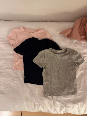 3-pack basic t-shirts i olika färger - Tre basic tajta t-shirts i rosa, mörkblå och grå från Gina Tricot. Alla är i storlek XS. Önskar man köpa en eller två av de kan man kontakta mig så kan man köpa för billigt pris 🥰