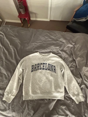 Grå sweatshirt med Barcelona-tryck - Snygg grå sweatshirt med texten 'Barcelona' i svart och vitt över bröstet. Tröjan har rund halsringning och långa ärmar, perfekt för en avslappnad streetstyle-look.