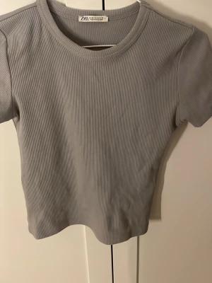 Grå ribbad croppad topp från Zara - Snygg grå croppad topp från Zara med ribbad struktur och rund hals. Kortärmad modell som passar perfekt till både jeans och kjol. Enkel och stilren design som är lätt att matcha med olika outfits.