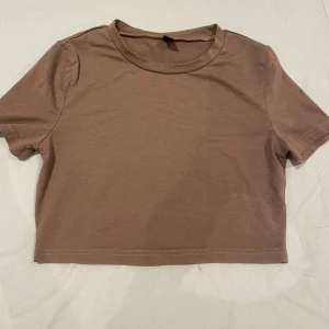 Brun croppad t-shirt topp - Säljer en enkel och stilren brun croppad t-shirt topp med rund hals och korta ärmar. Perfekt för dig som gillar minimalistisk stil och vill ha en basic topp i garderoben.
