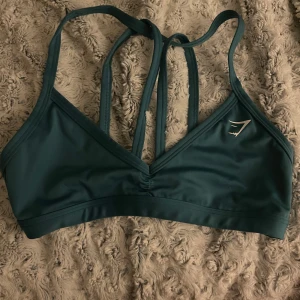  Gymshark sport bh - Säljer en turkos sport bh från Gymshark med snygga smala axelband och ett litet vitt logotryck fram. Toppen har en v-ringad design och är tillverkad i mjukt syntetmaterial som är perfekt för träning. Baksidan har flera band för extra cool look.