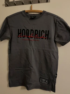 Grå Hoodrich t-shirt med broderi XS - Snygg grå t-shirt från Hoodrich i storlek XS. T-shirten har svart och rött broderat Hoodrich-tryck på bröstet och en patch längst ner. Kortärmad modell med rund hals och coola röda sömmar som detalj. Perfekt för streetwear-stilen.