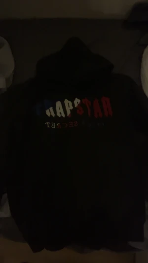 Svart Trapstar hoodie med tryck - Svart hoodie från Trapstar i storlek M(fast den sitter som en storlek S) med huva och stort tryck på bröstet i blått, vitt och rött. Snygg streetwear-stil med klassisk passform och mjukt material. Perfekt för dig som gillar bold prints och vill sticka ut.