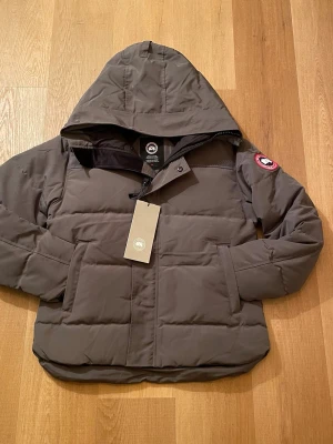 Brun pufferjacka från Canada Goose - Säljer en grå pufferjacka från Canada Goose med huva och klassisk logga på ärmen. Jackan har dragkedja, knappar och två fickor framtill. Perfekt för kalla dagar och har en stilren, enkel design.