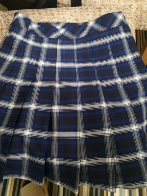 Blå rutig kortkjol från H&M - Säljer en blå och vit rutig kortkjol från H&M i storlek 36. Kjolen har klassiska veck och ett snyggt knäppningsdetalj i midjan. Materialet är 98% polyester och 2% elastan vilket gör den bekväm och lätt att bära. Perfekt för dig som gillar preppy stil!