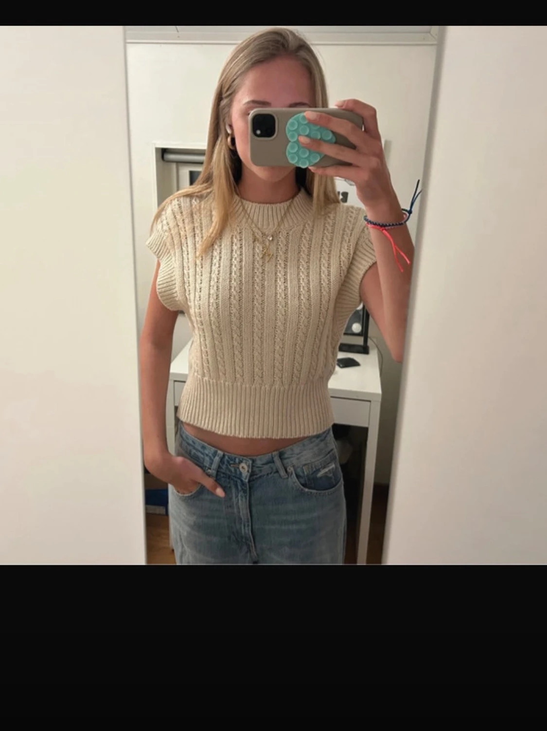 Beige kabelstickad ärmlös topp - 1