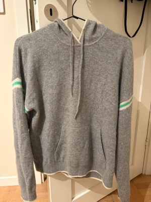 Grå hoodie med gröna ränder - Mysig grå kashmir hoodie med huva och dragsnören från from future. Har vita och gröna ränder på ärmarna samt en stor magficka framtill. Tillverkad i Kashmir och är i väldigt bra skick, använd runt 5 gånger💞