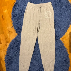 Grå mjukisbyxor med tryck - Grå mjukisbyxor med vitt tryck på ena benet där det står 'The mountains are calling' och en bergsillustration. Byxorna har resår i midjan, snörning och smala ben med resår vid anklarna. Perfekta för chill eller träning.