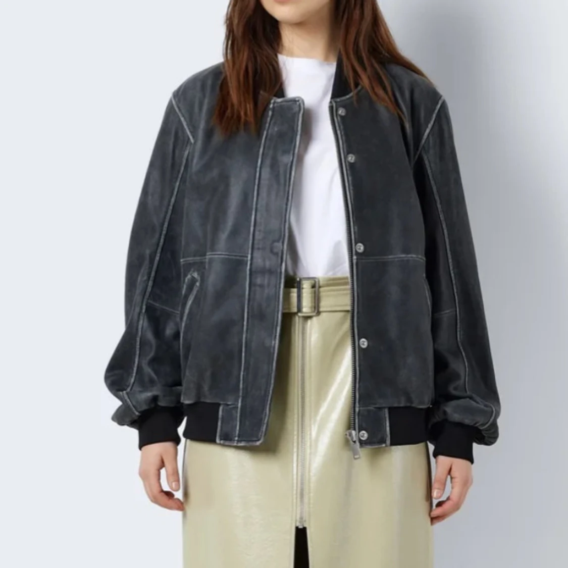 Grå läder bomberjacka oversized - 2