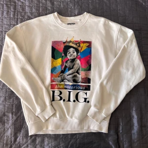 Vit Notorious B.I.G. sweatshirt - Hej säljer min Vita sweatshirt från Brooklyn Mint med ikoniskt Notorious B.I.G.-tryck framtill. Tröjan har färgglad grafisk design, ribbade muddar och rund hals. Perfekt för dig som gillar streetwear och hiphop-vibe. Storlek XS men passar S. använt några gånger nypris 950 kr. är lite nopprig på ryggen men ingenting som ses från avstånd. Skriv om frågor eller bilder!!! 
