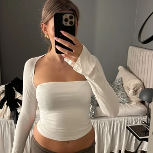 Vit offshoulder långärmad topp - Säljer en vit offshoulder topp med lång ärm och tight passform. Toppen har en stilren, minimalistisk look och är tillverkad i ett mjukt, stretchigt material som sitter snyggt mot kroppen. Perfekt för dig som gillar trendiga och enkla plagg.