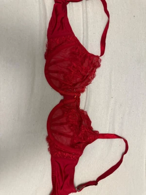 Röd spetsig bh från Hunkemöller - Säljer en röd bh från Hunkemöller med transparent mesh och spetsdetaljer. Den har justerbara axelband och en liten röd pärldetalj framtill. Perfekt för dig som vill ha något extra snyggt under kläderna.