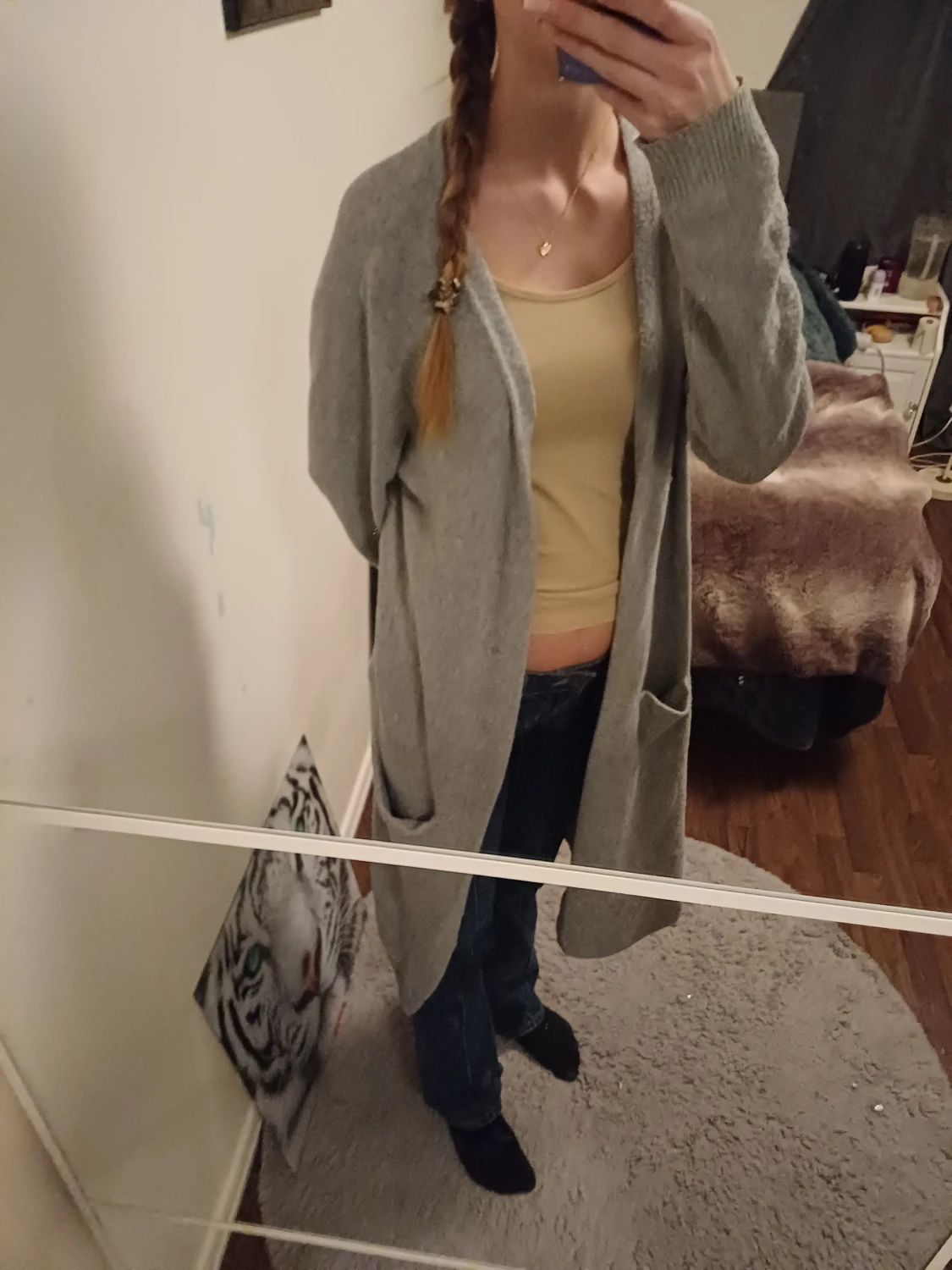 Lång grå stickad tröj med fickor - 2