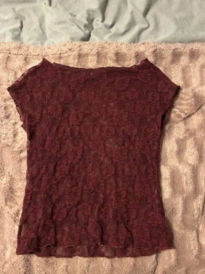 Vinröd spetsblus från Gina Tricot - Säljer en vinröd blus från Gina Tricot i storlek XS. Toppen är helt i spets med blommigt mönster och är lätt transparent. Den har korta ärmar och en smickrande, figurnära passform. Perfekt för dig som vill ha en romantisk och trendig look.