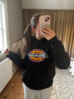 Svart hoodie från Dickies med logga - Svart hoodie från Dickies med stor, färgglad logga i rött, gult och vitt på bröstet. Tröjan har huva med snörning och en klassisk känguruficka framtill. Mjuk bomullskänsla och ribbade muddar vid ärmslut och nederkant. Perfekt för chill dagar.