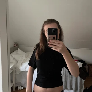 Svart t-shirt - Säljer en svart t-shirt som är tajt i midjan och mer pösig upptill. Perfekt för dig som gillar minimalistiska plagg och vill ha en basic topp i garderoben. Använd fåtal gånger och därmed som ny🥰