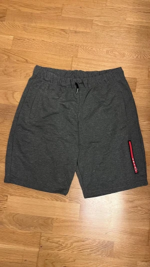 Mörkgrå shorts  med snörning - Snygga mörkgrå shorts i mjuk bomullsblandning. De har elastisk midja med snörning och två sidofickor. På ena benet finns en röd och svart Prada-logga som ger en sportig vibe. Perfekta för chill dagar eller när du vill ha en clean look.