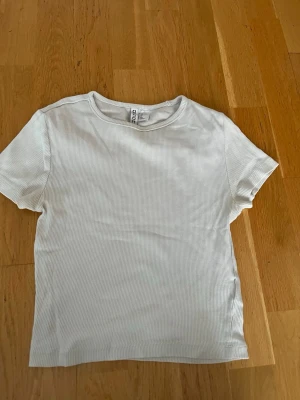 Vit ribbad t-shirt från Gina Tricot - Säljer en vit ribbad t-shirt från Gina Tricot. Modellen är croppad med korta ärmar och rund halsringning. Materialet är mjukt och stretchigt, perfekt för en enkel och clean look. Passformen är tight och sitter snyggt på kroppen.