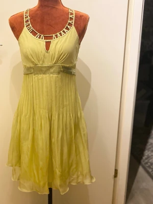 Lucy Sky limegrön klänning, storlek S - Klänning med dekorativ halslinning och smala axelband. Klänningen har en markerad midja med ett band och en plisserad kjol. Dold dragkedja i sidan 100% polyester Längd: 93 cm Bystvidd: 41 cm  Inga bilder när den sitter på mig! Katter finns i hemmet!