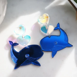 Blue whale with reflecting heart earring - Earrings made from acrylic - colorful- light weight 