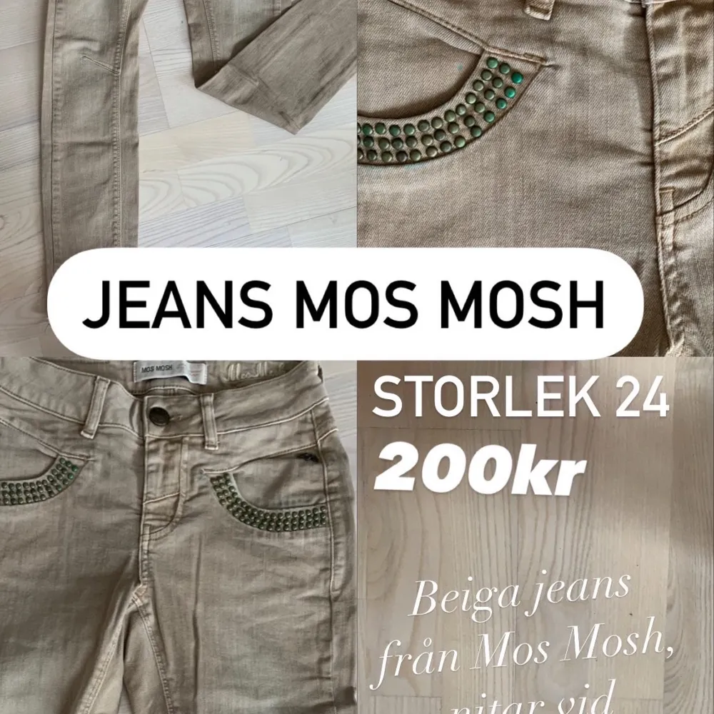 Beiga jeans från Mos Mosh med nitar vid fickorna fram och dragkedja bak. . Jeans & Byxor.