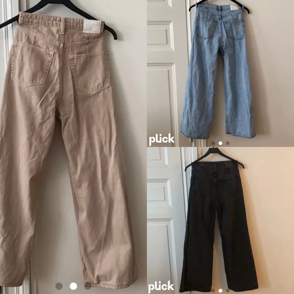 Vida jeans från Weekday i modellen ”Ace”. Ett par i färgen ”sand”. Som enligt mig är en ljus beige/brun färg, ett par blå och ett par svarta. Bild 3 - bild på modellen av jeansen💖 Jag är 170 och på mig är de ganska rejält för korta, därför säljer jag de. Jeans & Byxor.