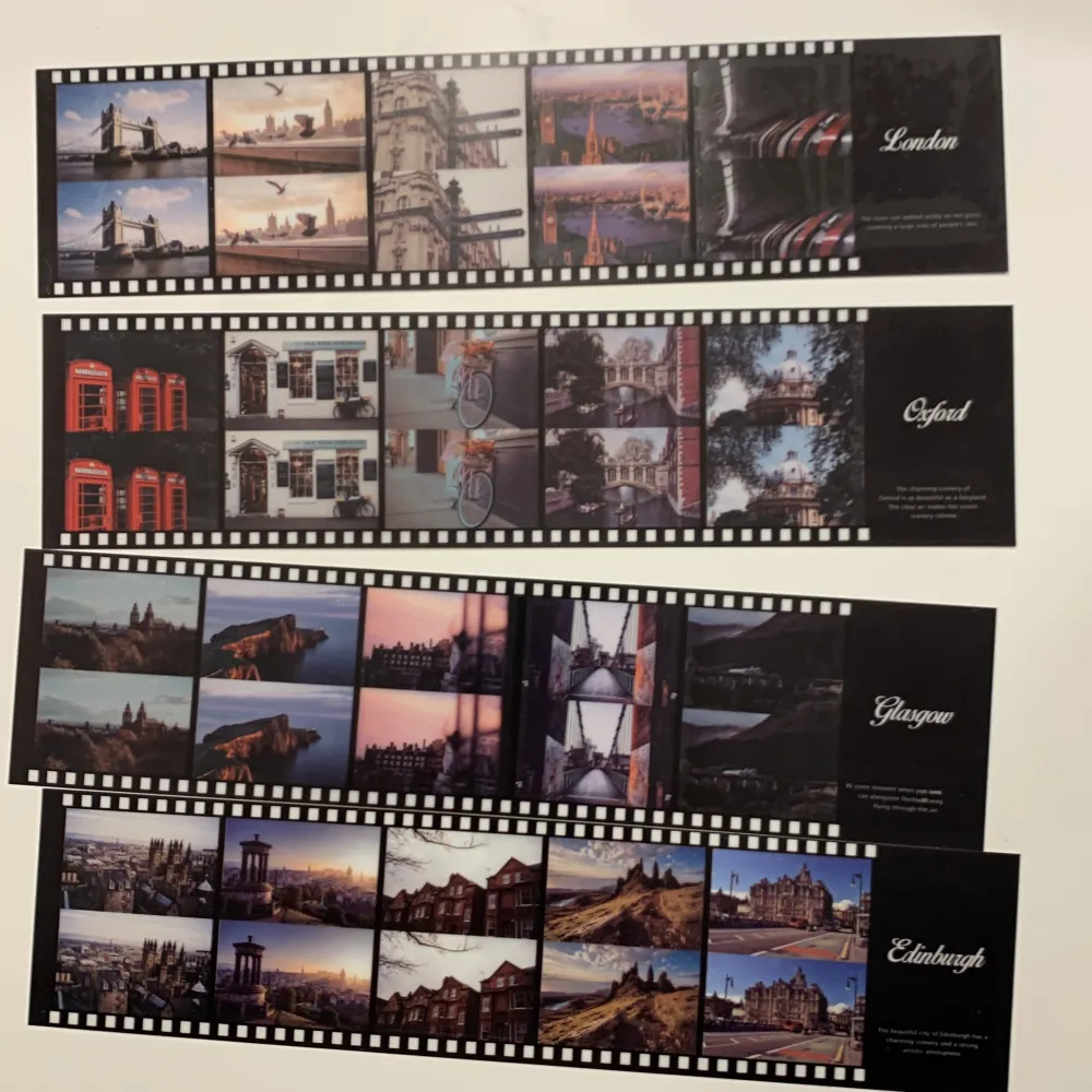 40 st unika klistermärken som föreställer kamerarullar med foton från England. Paket är endast öppnat🎞🎞. Övrigt.