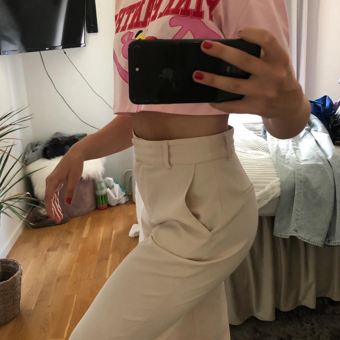 Ljusrosa raka kostymbyxor  - 90