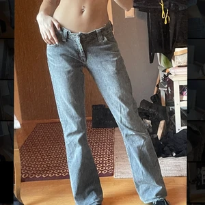 Grå lågmidjade jeans bootcut - Grå lågmidjade jeans från Lee i storlek 27/33. Jag har sprättat upp dem längst ner för att göra dem längre och jag är 163:) Köp direkt för 200
