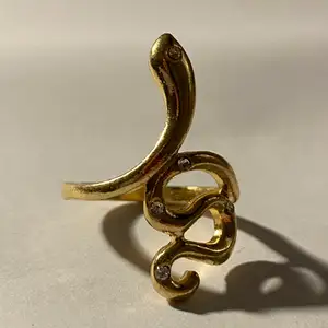 Silverring i form av en orm med kristaller och gulddetaljer.