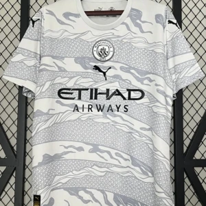 Vit och grå Manchester City fotbollströja från Puma - Snygg Manchester City fotbollströja i vitt och grått med ett unikt mönster. Tröjan har korta ärmar och klubbens emblem på bröstet tillsammans med Puma-loggan. Perfekt för fans som vill visa sitt stöd med stil.