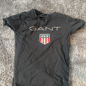 Svart t-shirt från GANT - Säljer en svart t-shirt från GANT som inte säljs längre där jag köpte för 500 med ett stort tryck av märkesnamnet och en sköld med stjärnor och ränder på framsidan. Perfekt för en stilren och avslappnad look.