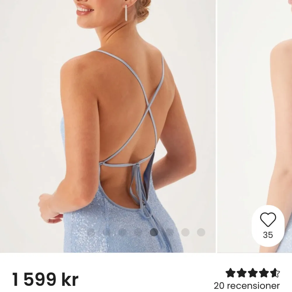 Säljer en fantastisk ljusblå långklänning med glittriga paljetter. Klänningen har smala axelband och går att knyta på olika sätt i ryggen. Aldrig använts🩵Jag är 161 och klänningen släpar i marken. . Mekot.