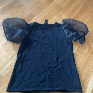 Svart topp med puffiga ärmar - Snygg svart topp med unika puffiga ärmar i ett transparent material. Perfekt för att ge en extra touch till din outfit. Toppen har en rund hals och en normal passform.