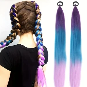 Färgglada gummigummi hårband - Syntetiska flätor i en fantastisk ombre av lila, blå och rosa. Perfekt för att skapa unika frisyrer med en elastisk hårband för enkel användning. Materialet är lätt och av hög kvalitet, vilket ger ett naturligt utseende utan att fälla.