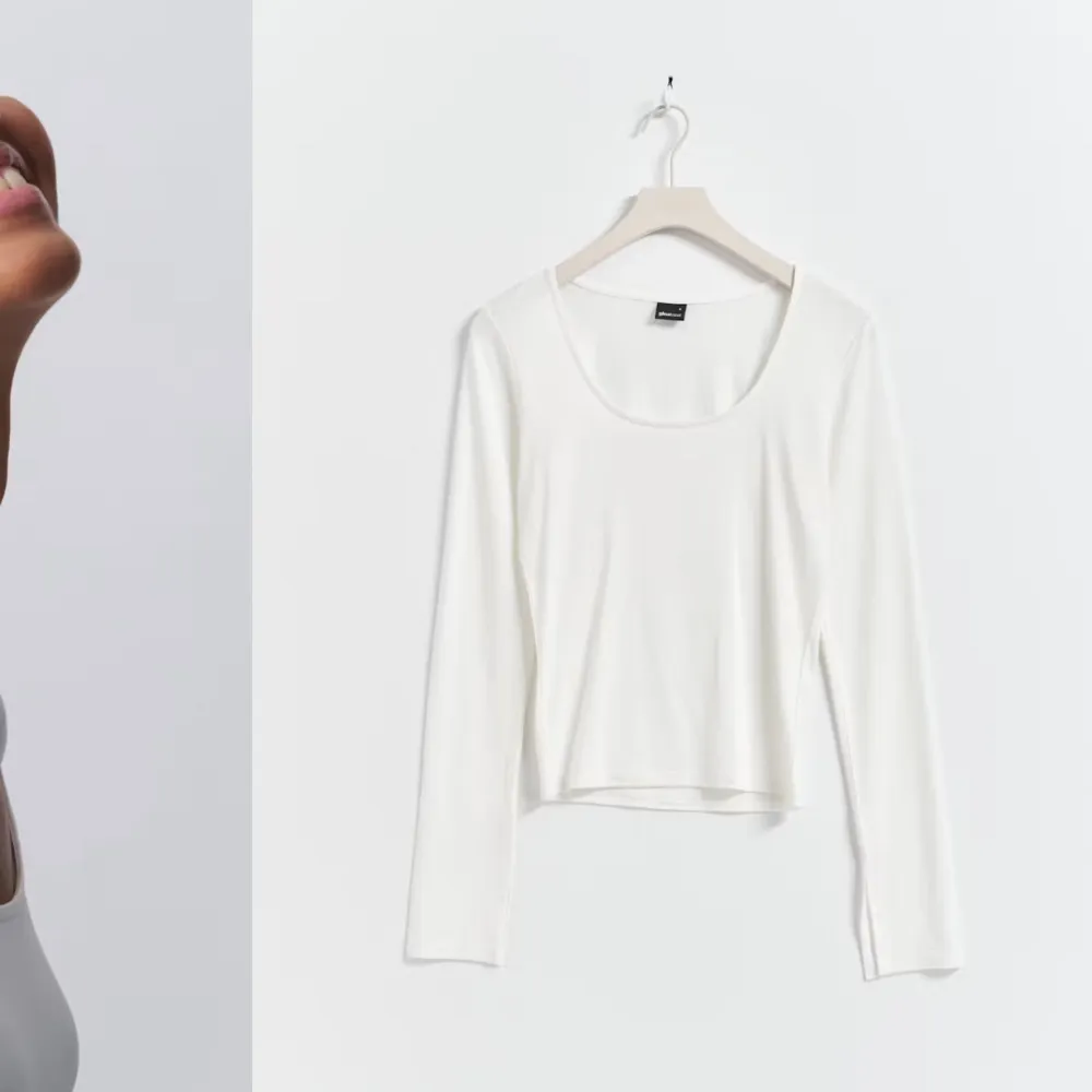 Säljer en stilren vit långärmad topp från Gina tricot. Den har slits i ärmen, jag har aldrig använt den. Neuletakit & Villapaidat.