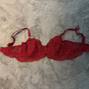 Röd BH med mönstring från Lindex - Säljer en snygg röd BH från Lindex i storlek 75D. Den är gjord i spets med fina detaljer och justerbara axelband. 