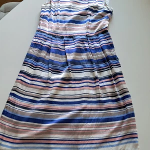 Randig klänning från Daniel Hechter - Säljer en snygg randig klänning från Daniel Hechter i SIDEN av hög kvalitet i blå, rosa och vita toner. Klänningen har en normal passform och är ärmlös, perfekt för sommarens varma dagar. Materialet är en blandning av viskos och nylon vilket ger en skön känsla. Perfekt för dig som vill ha en stilren look!