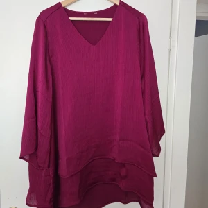 Vinröd blus med v-ringning - Säljer en vinröd blus med v-ringad hals och vida, långa ärmar. Blusen har ett tunt, lätt transparent tyg med subtila vertikala ränder och dubbla lager nertill för en flowy känsla. Perfekt för dig som gillar en luftig och snygg look. Okänd storlek då lappen är bortklippt, men typ L- XL