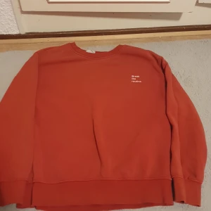 Orange sweatshirt från Zara - Orange sweatshirt från Zara med trycket 'Break the routine.' på bröstet. Klassisk rund halsringning och långa ärmar. Mjuk och skön, perfekt för chill dagar. Ribbstickade muddar vid ärmslut och nederkant. Enkel och stilren design.