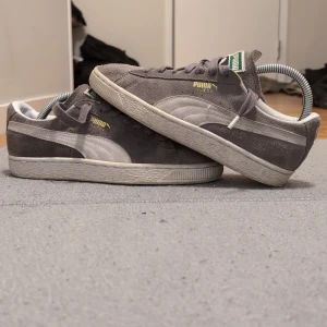 Gråa Puma sneakers i mocka - Säljer ett par klassiska gråa Puma sneakers i mocka med vit sula och vit sidodetalj. Skorna har snörning och rund tå, perfekt för en stilren vardagslook. Puma-logga i guld på sidan och grönt märke på plösen.