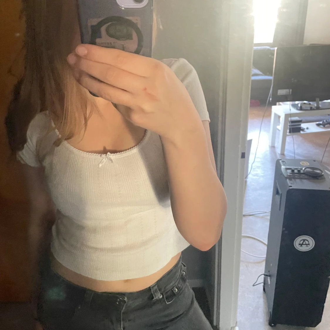 Vit croppad ribbad topp med rosett - 1